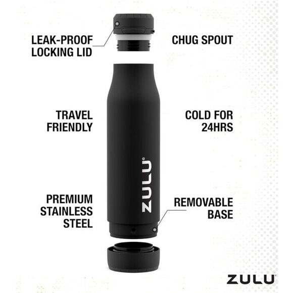 🔥Zulu Ace 24oz Vacuum Insulated Stainless Steel Black Water Bottle Chug Spout🔥 - Picture 1 of 5